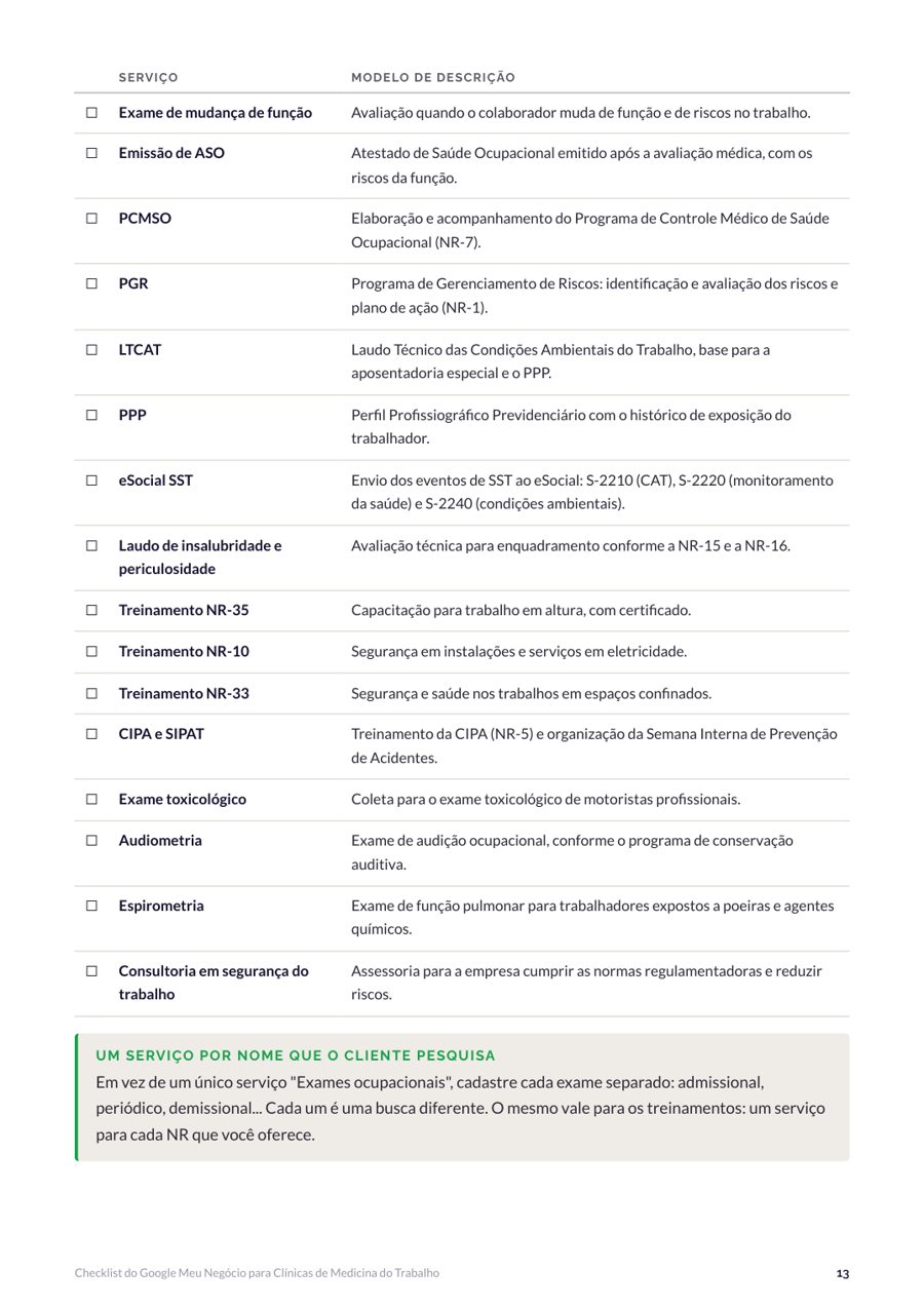 Página com os serviços da ficha